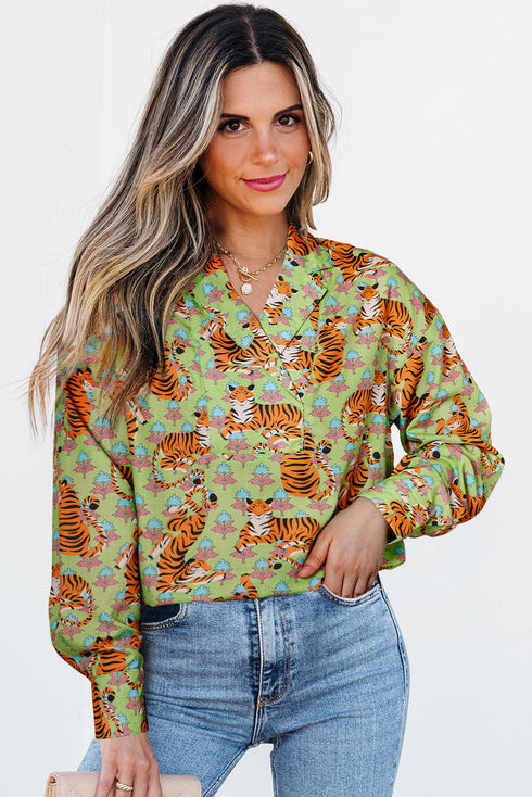 Wild Tiger And Floral Print Notched Lapel Blouse
