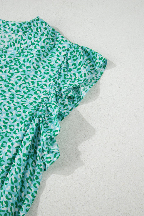 Wild Whisper Leopard Print Ruffle Sleeve Notched V Neck Blouse