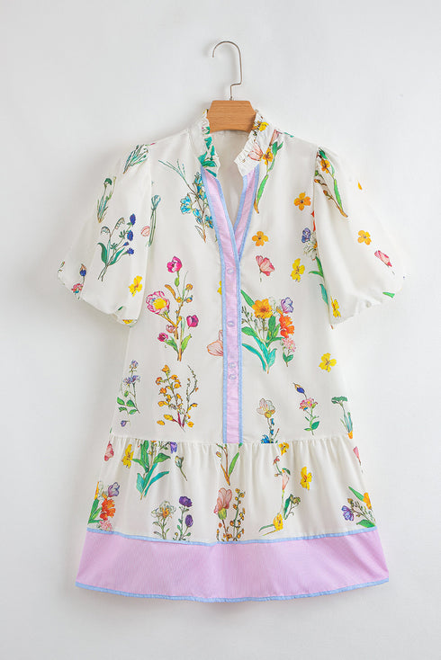 Wildflower Print Contrast Trim Puff Sleeve Stand Collar Mini Dress