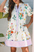 Wildflower Print Contrast Trim Puff Sleeve Stand Collar Mini Dress