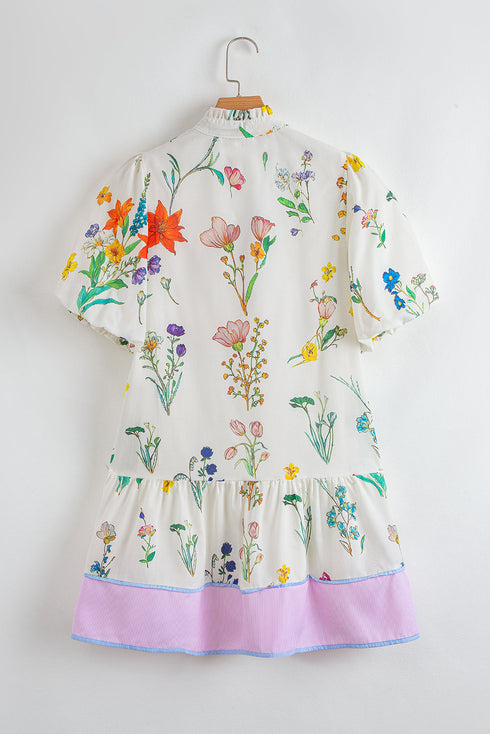 Wildflower Print Contrast Trim Puff Sleeve Stand Collar Mini Dress