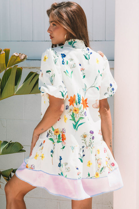 Wildflower Print Contrast Trim Puff Sleeve Stand Collar Mini Dress