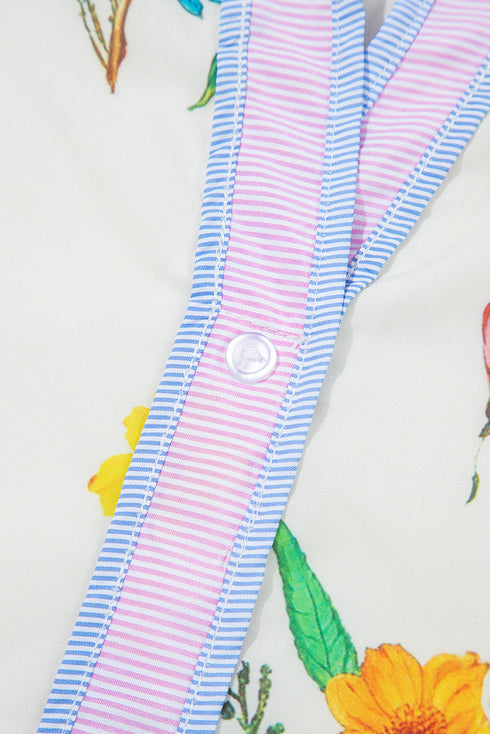 Wildflower Print Contrast Trim Puff Sleeve Stand Collar Mini Dress