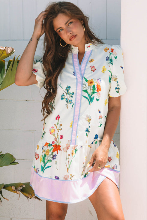 Wildflower Print Contrast Trim Puff Sleeve Stand Collar Mini Dress