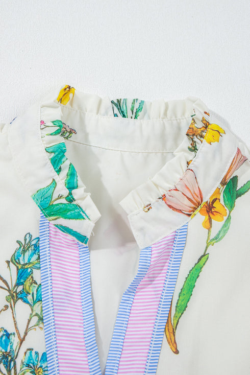 Wildflower Print Contrast Trim Puff Sleeve Stand Collar Mini Dress