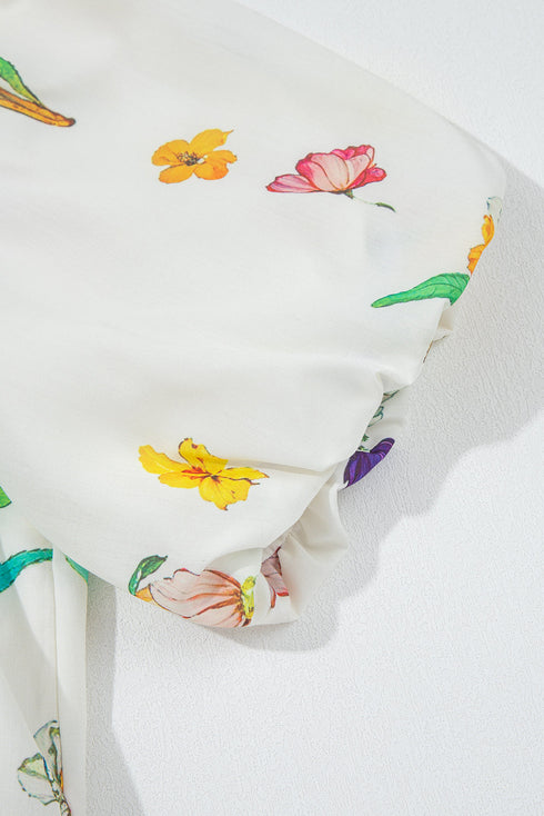 Wildflower Print Contrast Trim Puff Sleeve Stand Collar Mini Dress