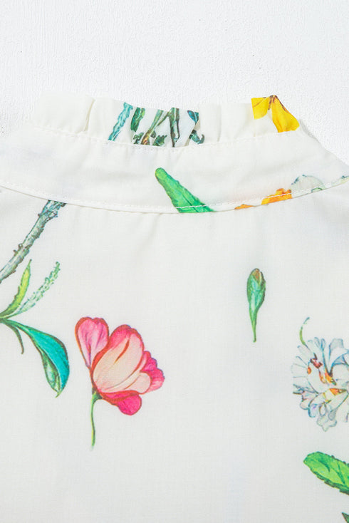 Wildflower Print Contrast Trim Puff Sleeve Stand Collar Mini Dress