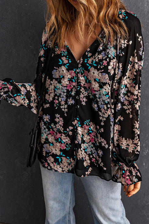 Wildflower Print Long Sleeve Chiffon V Neck Blouse