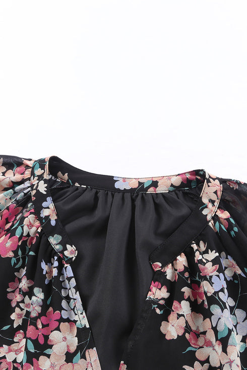 Wildflower Print Long Sleeve Chiffon V Neck Blouse