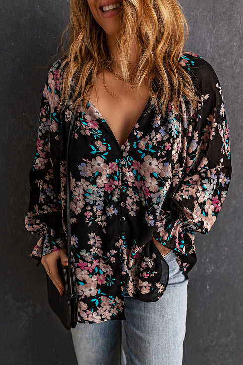 Wildflower Print Long Sleeve Chiffon V Neck Blouse