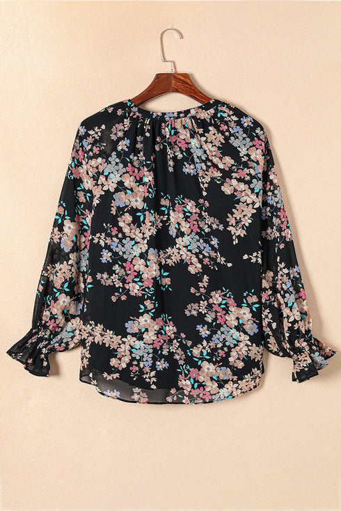 Wildflower Print Long Sleeve Chiffon V Neck Blouse