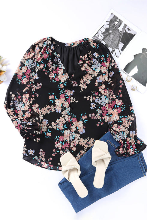Wildflower Print Long Sleeve Chiffon V Neck Blouse