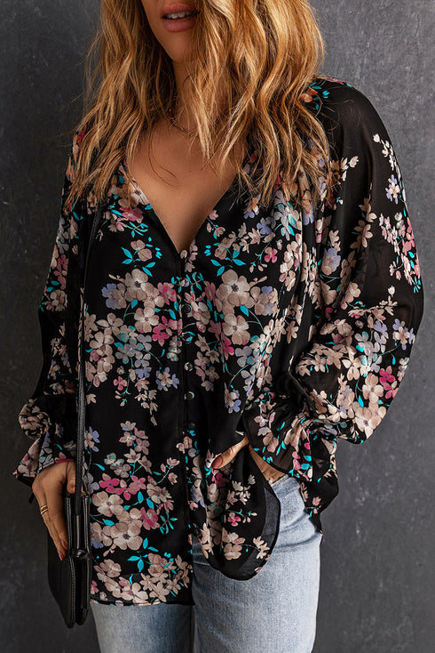 Wildflower Print Long Sleeve Chiffon V Neck Blouse