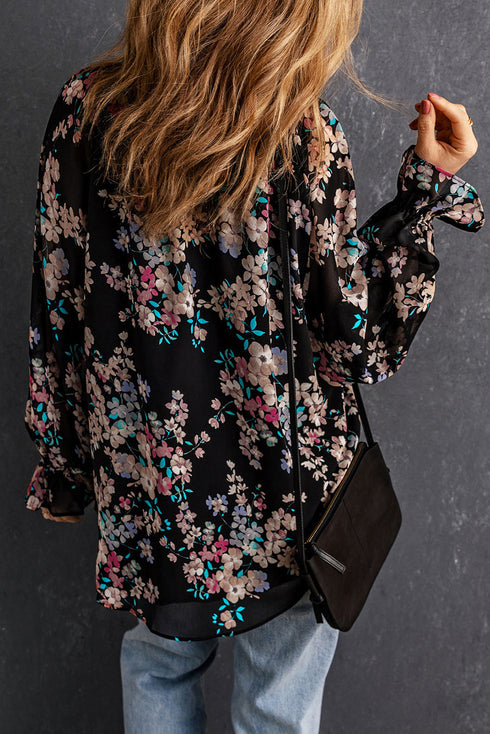Wildflower Print Long Sleeve Chiffon V Neck Blouse