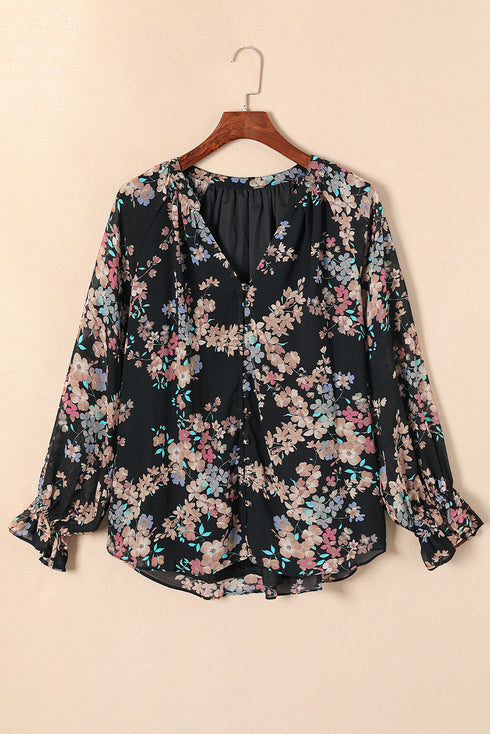 Wildflower Print Long Sleeve Chiffon V Neck Blouse