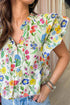 Wildflower Print Tiered Ruffle Sleeve Split Neck Blouse