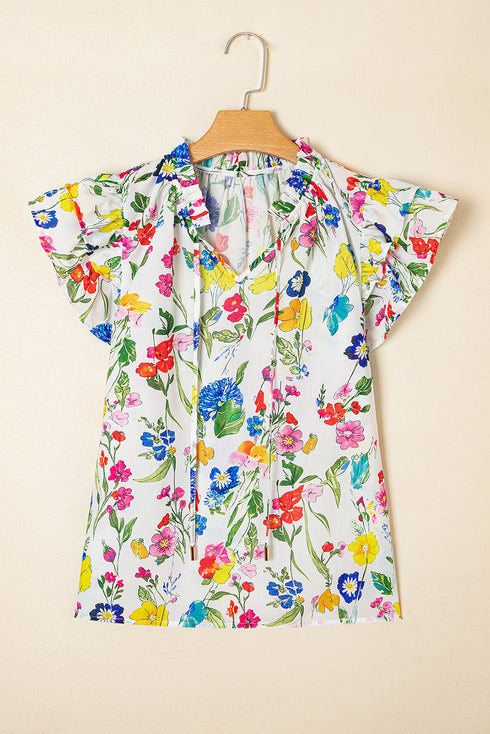 Wildflower Print Tiered Ruffle Sleeve Split Neck Blouse