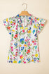 Wildflower Print Tiered Ruffle Sleeve Split Neck Blouse