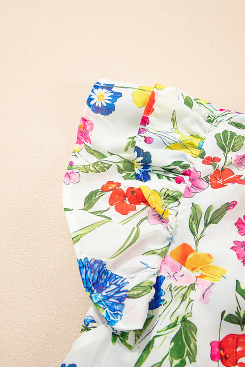 Wildflower Print Tiered Ruffle Sleeve Split Neck Blouse