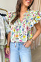 Wildflower Print Tiered Ruffle Sleeve Split Neck Blouse