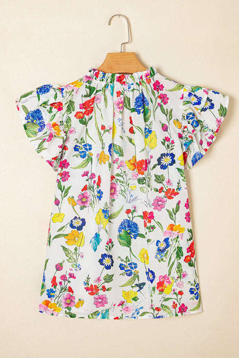 Wildflower Print Tiered Ruffle Sleeve Split Neck Blouse