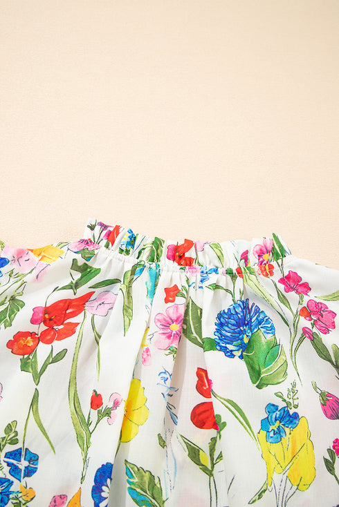 Wildflower Print Tiered Ruffle Sleeve Split Neck Blouse