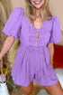 Wisteria Bow Decor Front V Neck Puff Sleeve Romper