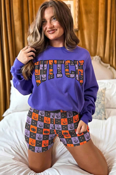 Witch Letter Print Long Sleeve Top Checkered Waist Shorts Set