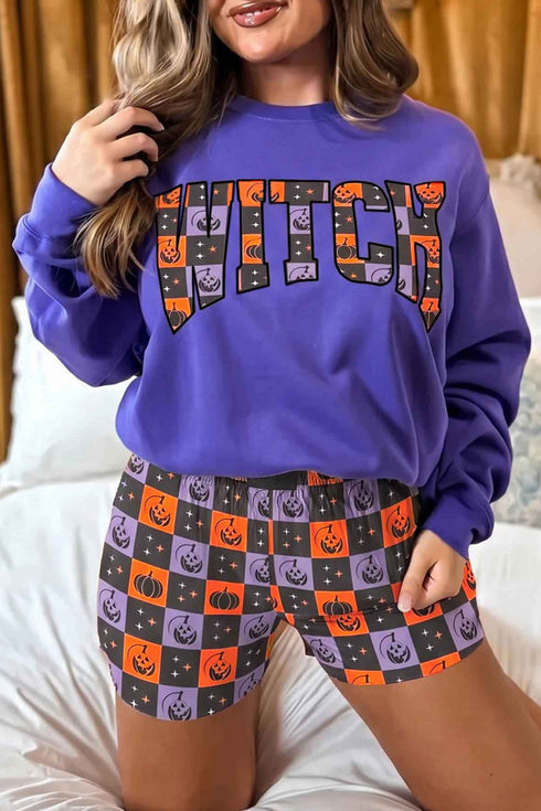 Witch Letter Print Long Sleeve Top Checkered Waist Shorts Set