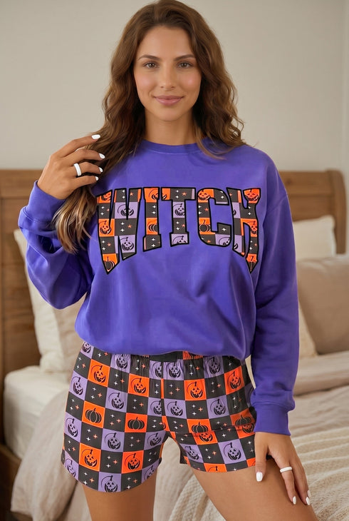 Witch Letter Print Long Sleeve Top Checkered Waist Shorts Set