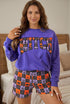 Witch Letter Print Long Sleeve Top Checkered Waist Shorts Set