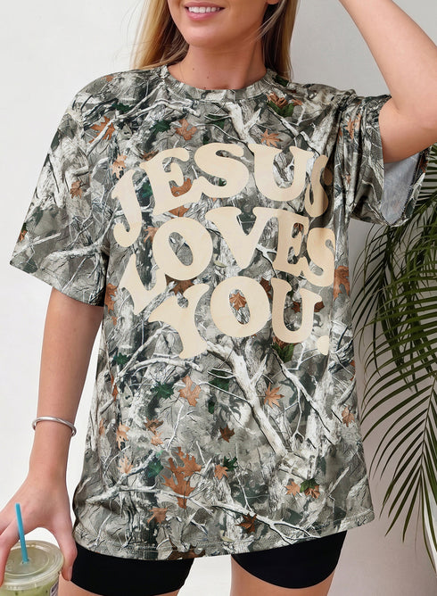 Woodland Camouflage Faith Letter Print Graphic Tee