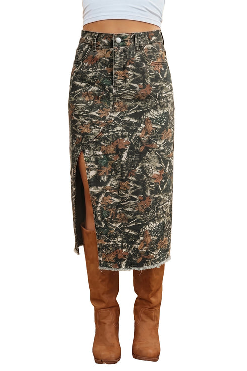 Woodland Camouflage Split Raw Hem Midi Western Skirt
