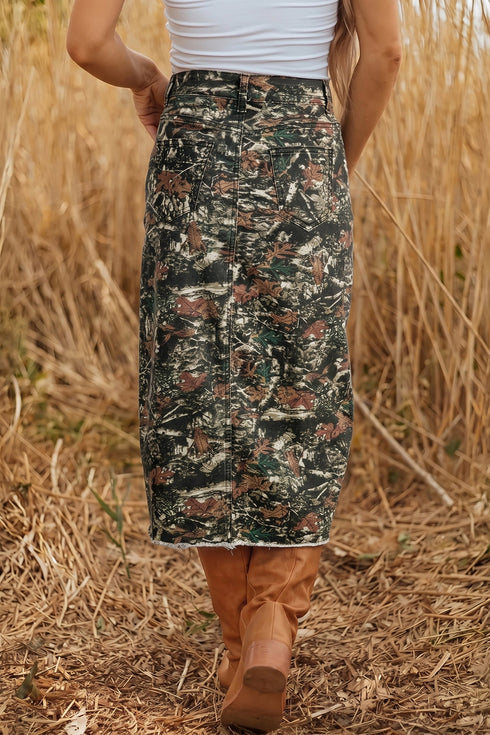 Woodland Camouflage Split Raw Hem Midi Western Skirt