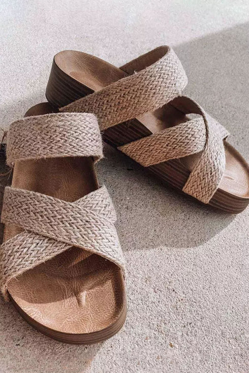 Woven Criss Cross Strap Hollowed Slip On Slippers