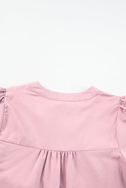 Woven Floral Embroidered Split Neck Puff Sleeve Blouse