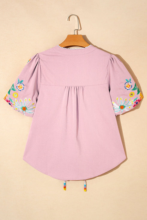 Woven Floral Embroidered Split Neck Puff Sleeve Blouse