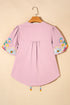 Woven Floral Embroidered Split Neck Puff Sleeve Blouse