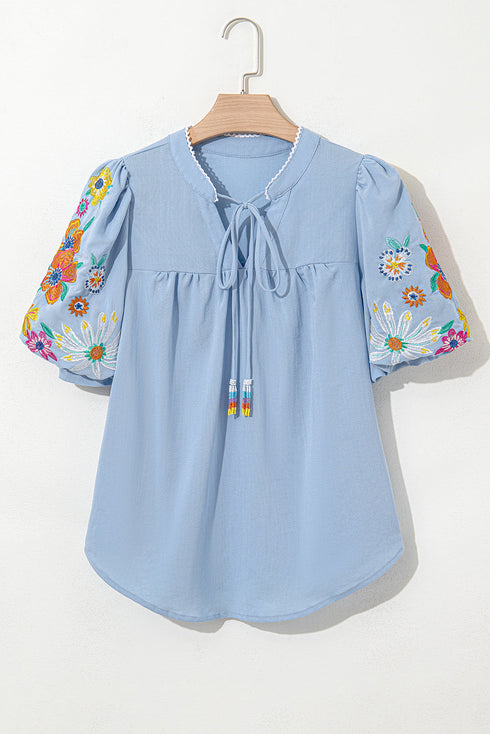 Woven Floral Embroidered Split Neck Puff Sleeve Blouse