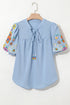 Woven Floral Embroidered Split Neck Puff Sleeve Blouse