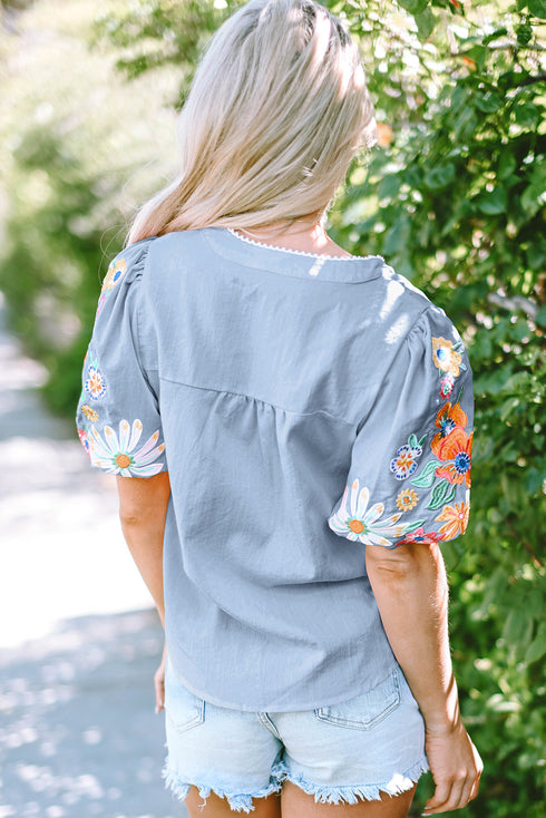 Woven Floral Embroidered Split Neck Puff Sleeve Blouse