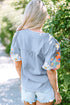 Woven Floral Embroidered Split Neck Puff Sleeve Blouse