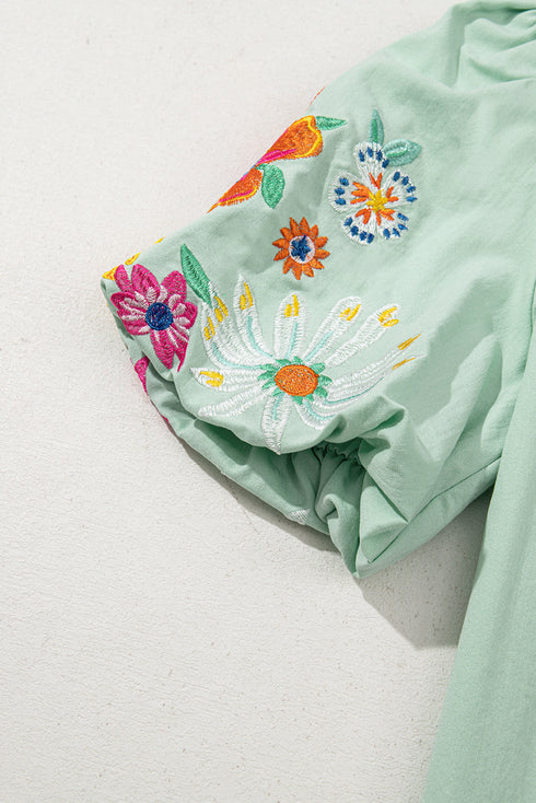 Woven Floral Embroidered Split Neck Puff Sleeve Blouse