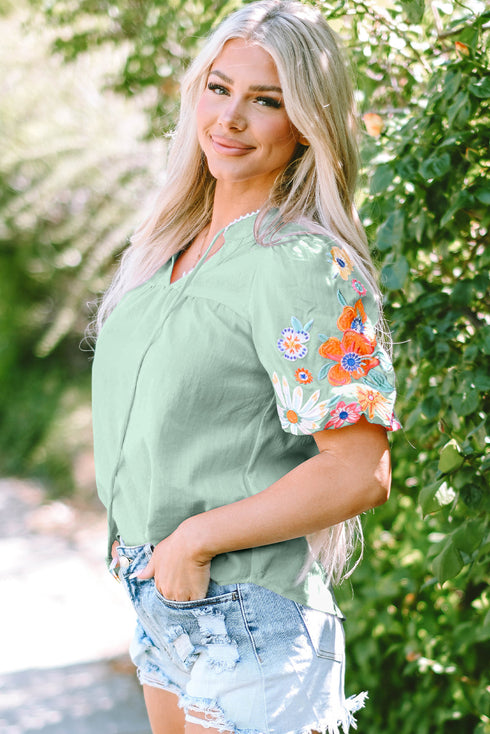 Woven Floral Embroidered Split Neck Puff Sleeve Blouse