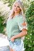 Woven Floral Embroidered Split Neck Puff Sleeve Blouse
