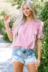 Woven Floral Embroidered Split Neck Puff Sleeve Blouse
