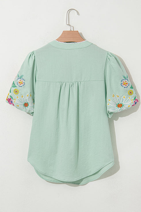 Woven Floral Embroidered Split Neck Puff Sleeve Blouse