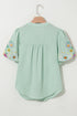 Woven Floral Embroidered Split Neck Puff Sleeve Blouse