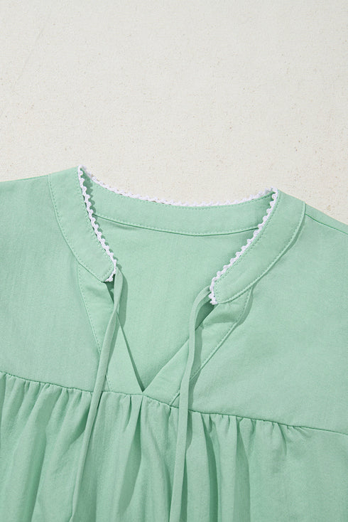 Woven Floral Embroidered Split Neck Puff Sleeve Blouse