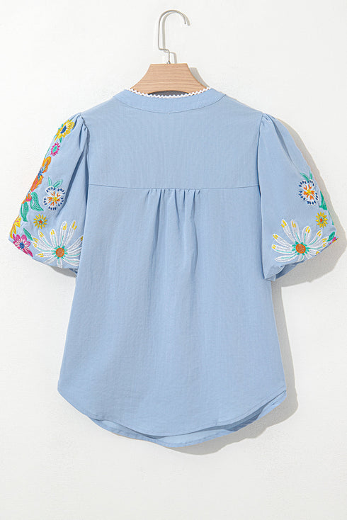 Woven Floral Embroidered Split Neck Puff Sleeve Blouse
